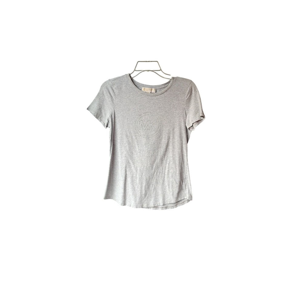 Michael Kors Womens Gray Rhinestone MK Logo‎ Crew Neck Short Sleeve T-Shirt M